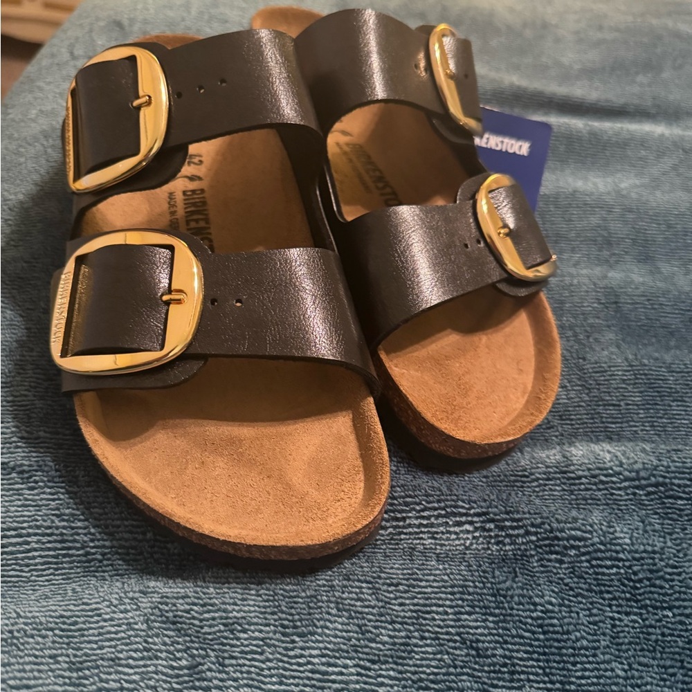 Birkenstock Black and Gold Mules with Contoured Footbed